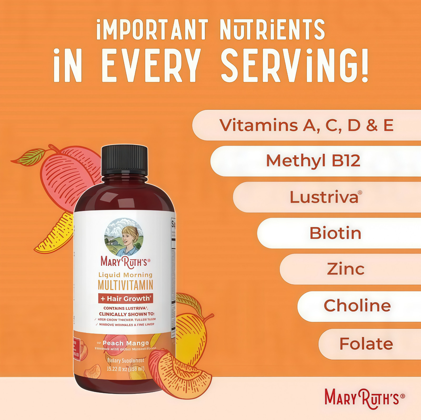 Mary Ruth’s Multivitamin + Hair Growth | 3 Pack | Peach Mango 15.22 oz brand..-+