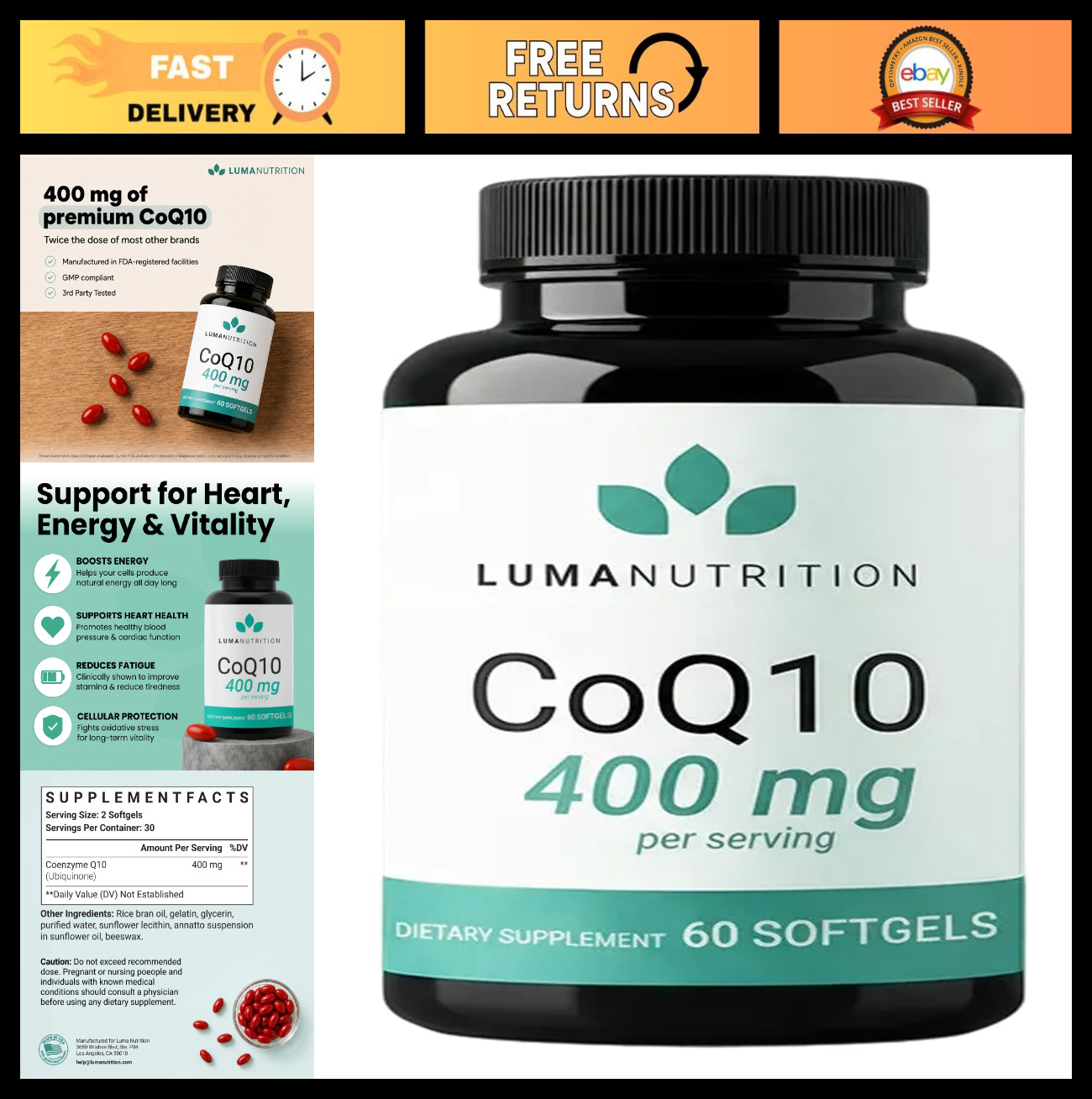 High-Absorption CoQ10 400mg Softgels – Heart Health Support – 60 Liquid Capsules