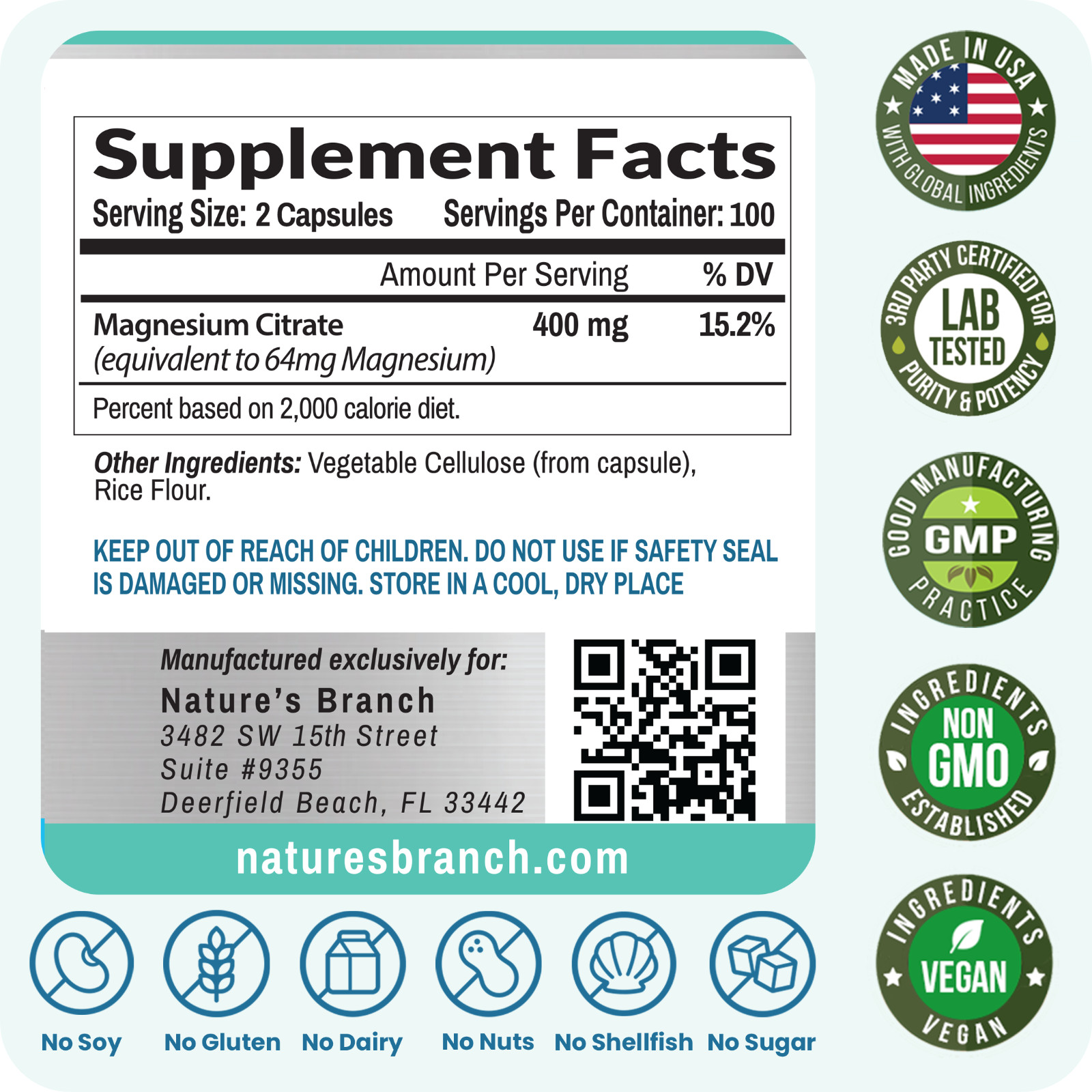 BEST MAGNESIUM CITRATE 400 MG – 200 CAPSULES – HIGH ABSORPTION PURE MADE IN USA
