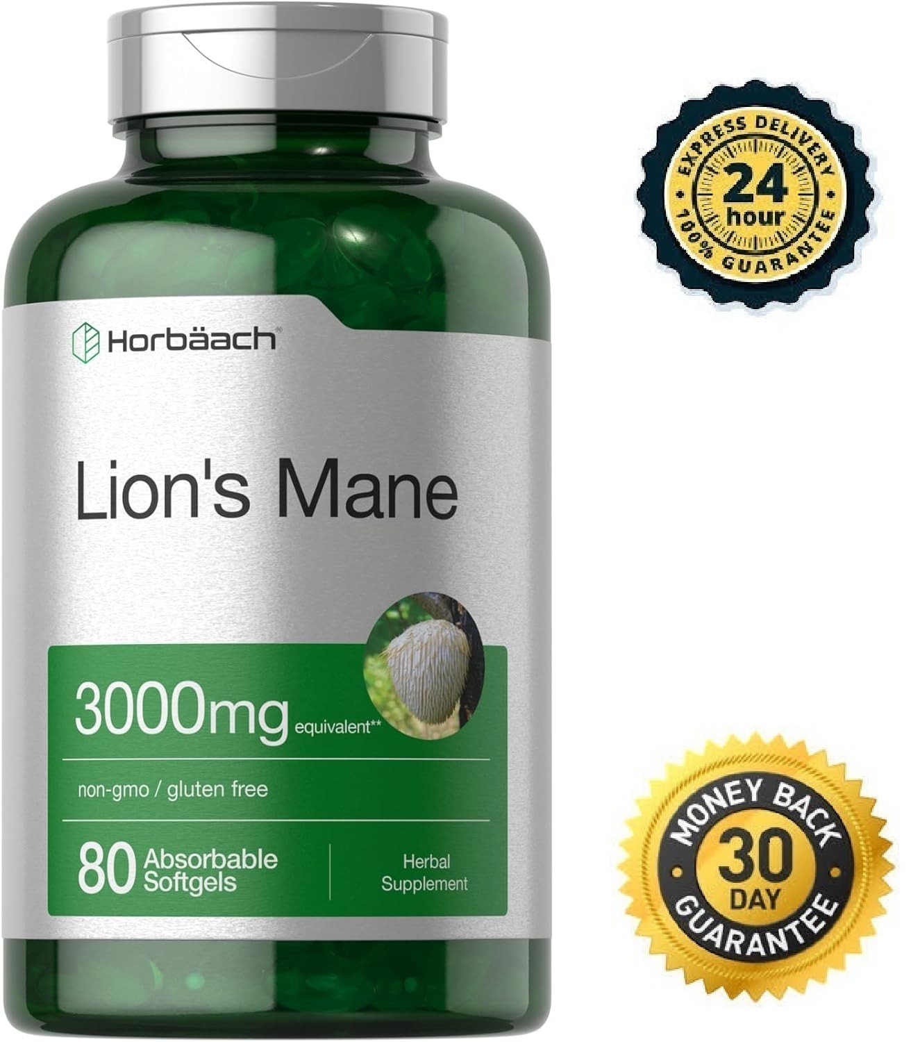 Lions Mane Mushroom 3000mg | 80 Softgels | Non-GMO & Gluten Free | by Horbaach