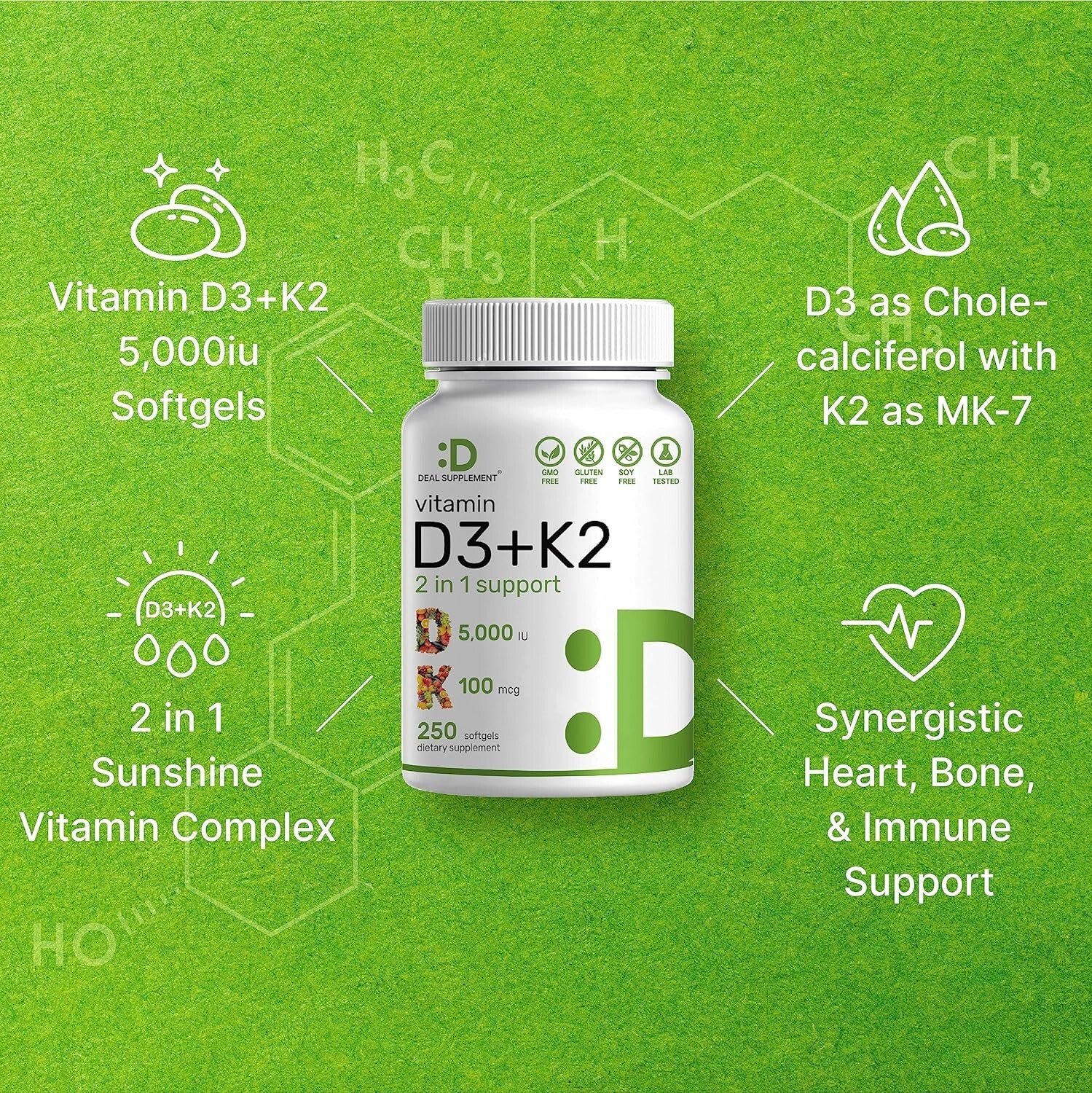 Vitamin D3 & Vitamin K2, Promotes Heart Bone Health -250 Softgel Easy to Swallow
