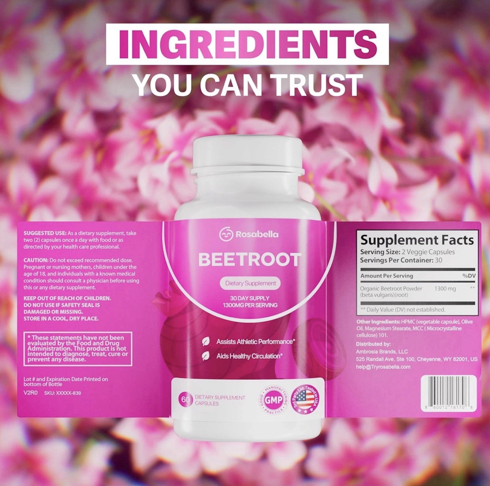 Rosabella Organic Beetroot 1300mg 60ct – Circulation & Vitality