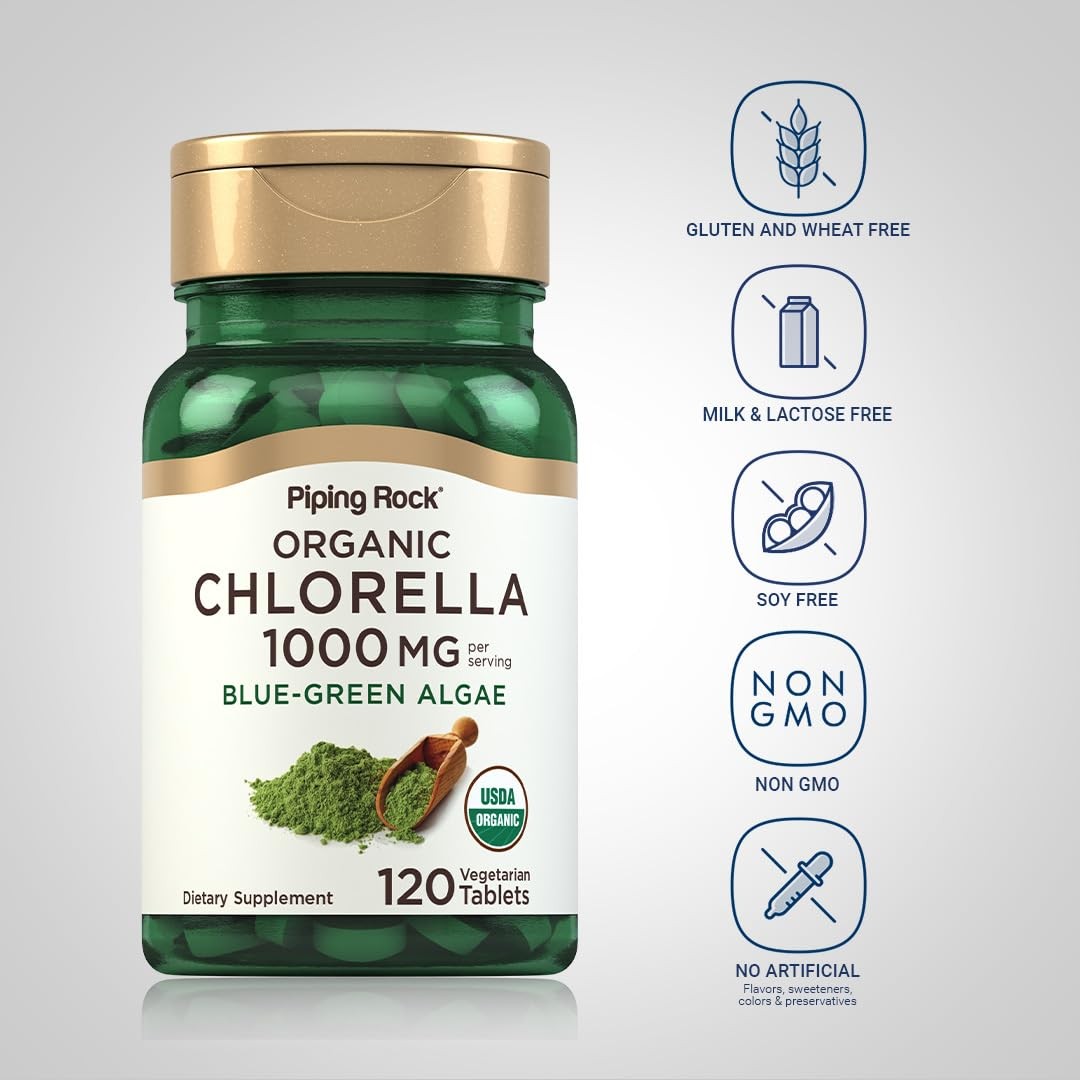Piping Rock Chlorella | 1000mg | 120 Tablets | Organic Blue-Green Algae | Non-GM