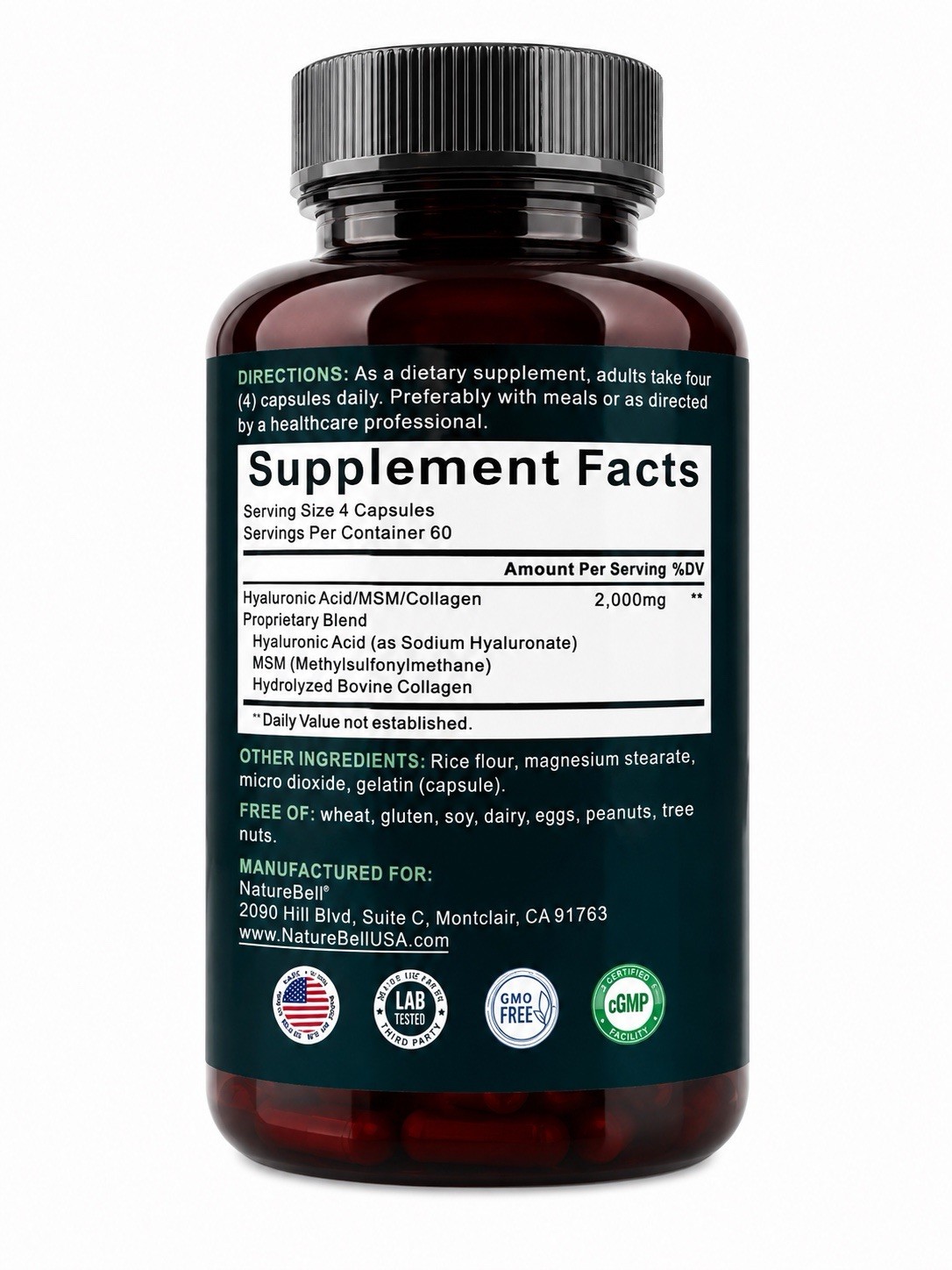 NatureBell Hyaluronic Acid 2000mg Collagen MSM 240 Caps Skin Hair Joint