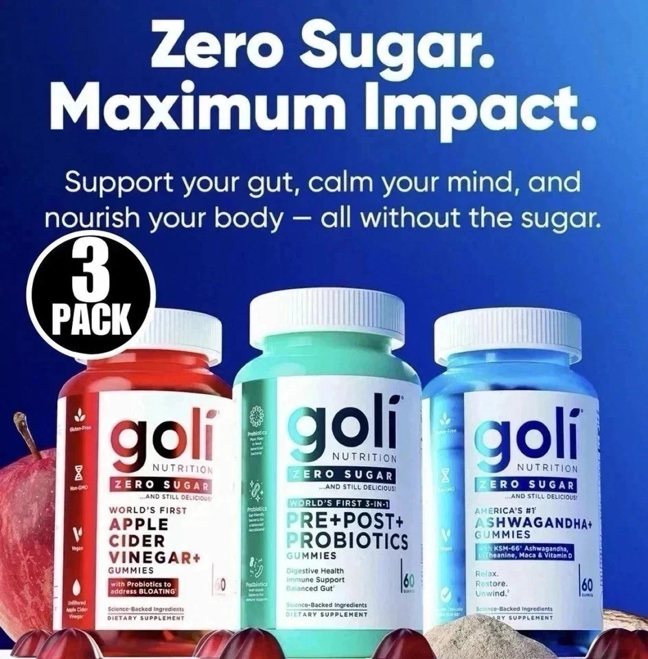 3 Bottles Goli Zero Sugar Best Seller Trio Set Gummies, 60 Counts Per Bottle US