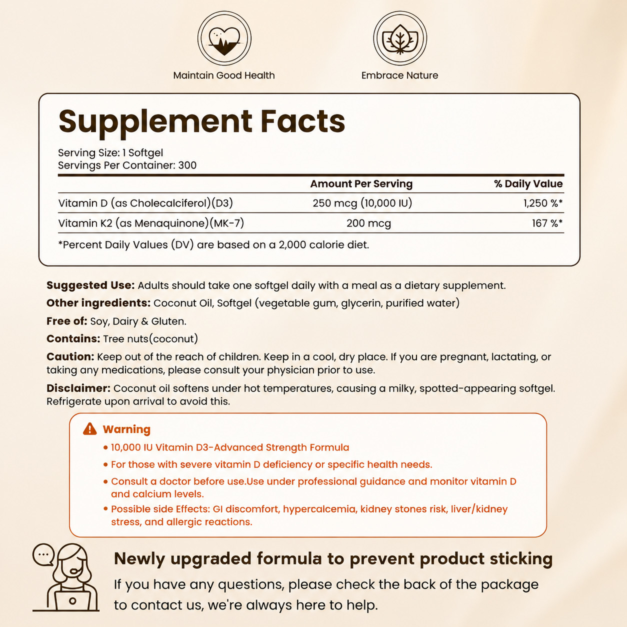 VEV Vitamin D3 10000IU K2 MK7 200mcg Coconut Oil Bone Immune Support 300 Count