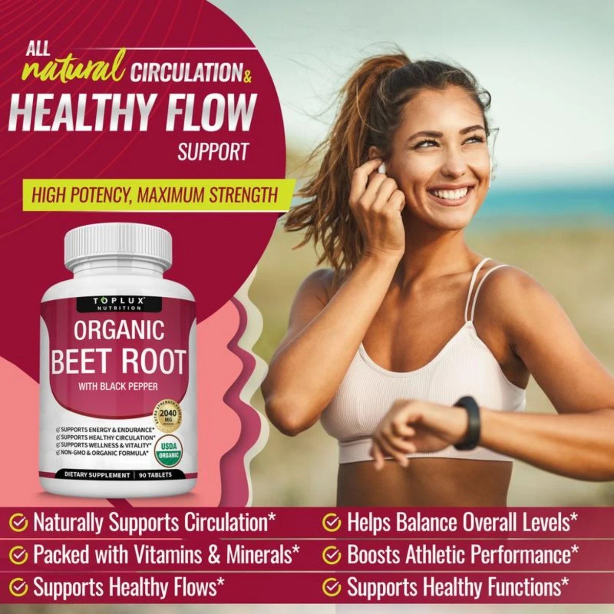 Toplux Organic Beet Root 2040mg, Nitric Oxide Boost Supplement Tablets