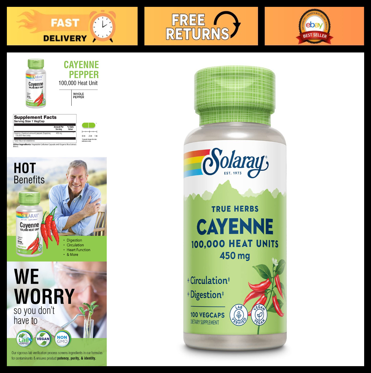 Cayenne Pepper Capsules 100,000 Heat Units – Capsaicin Supplement, 100 VegCaps
