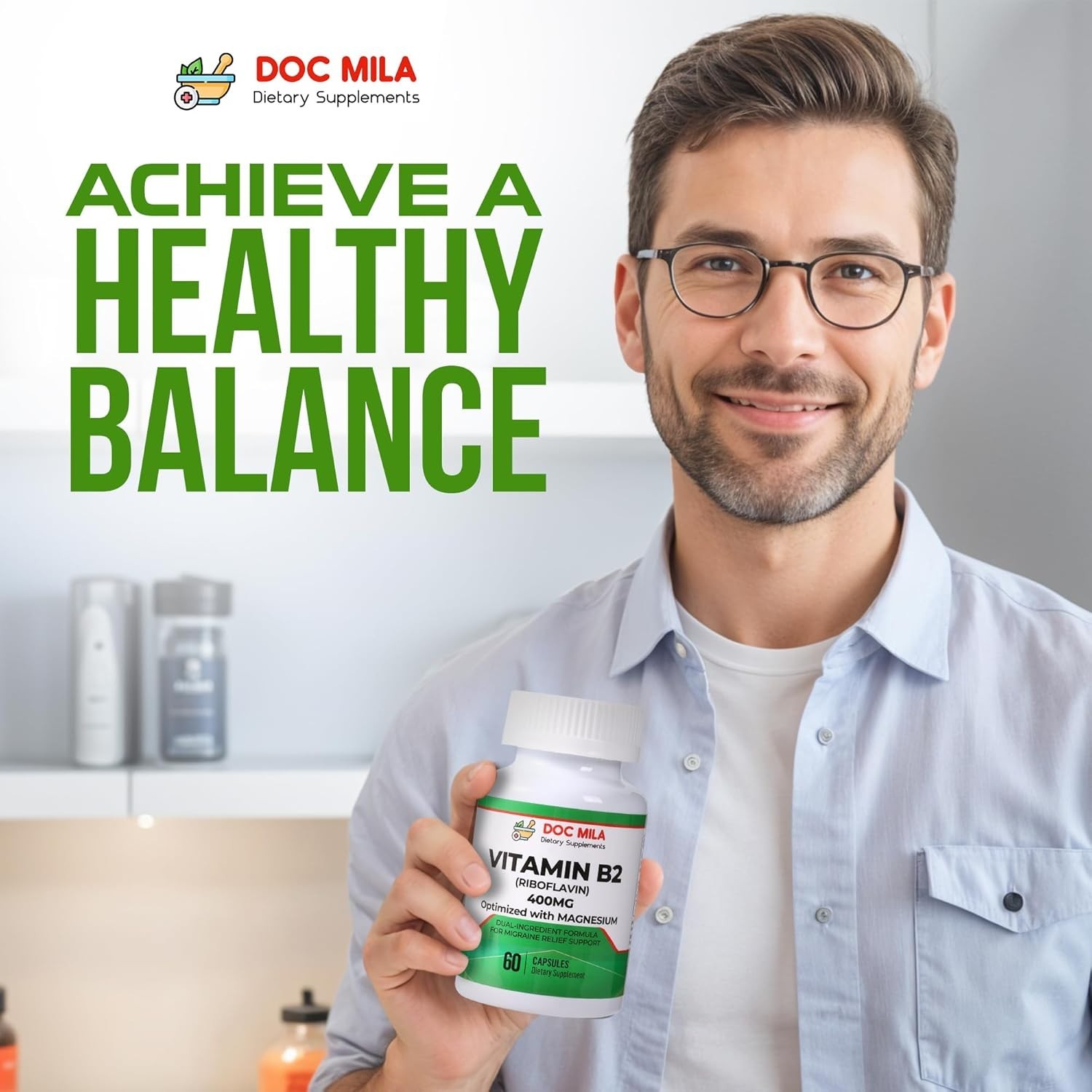 Doc Mila Vitamin B2 Riboflavin 400mg Migraine Support Vegan 60 Capsules Pills