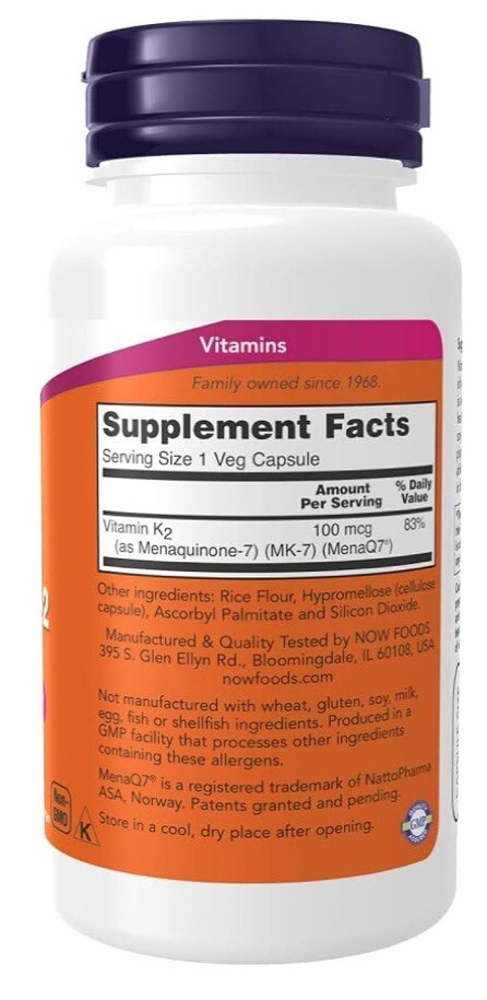 Now Foods Mk-7 Vitamin K-2 100 mcg Vitamin Capsule – 120 Capsules Exp2026