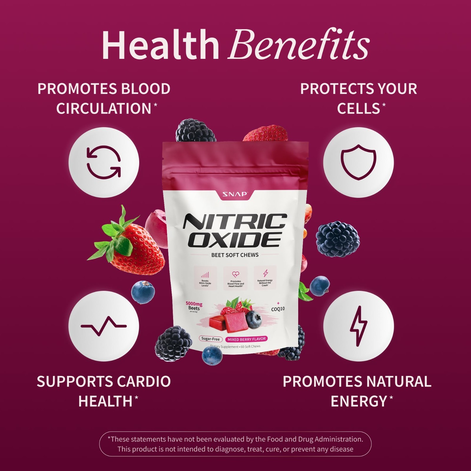Nitric Oxide Beet Root Chews – 60 Soft Chews, 1,250mg Beet Extract, CoQ10, Acai,