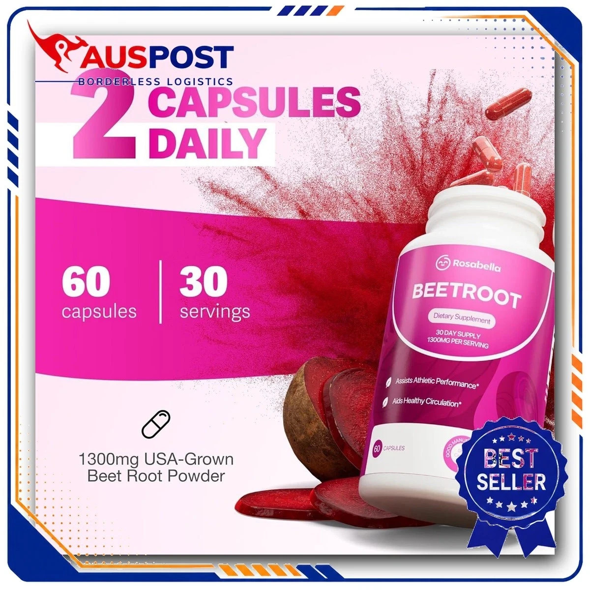 Rosabella Beet Root Powder Capsules 1300mg Supports Blood Pressure 3-Pack