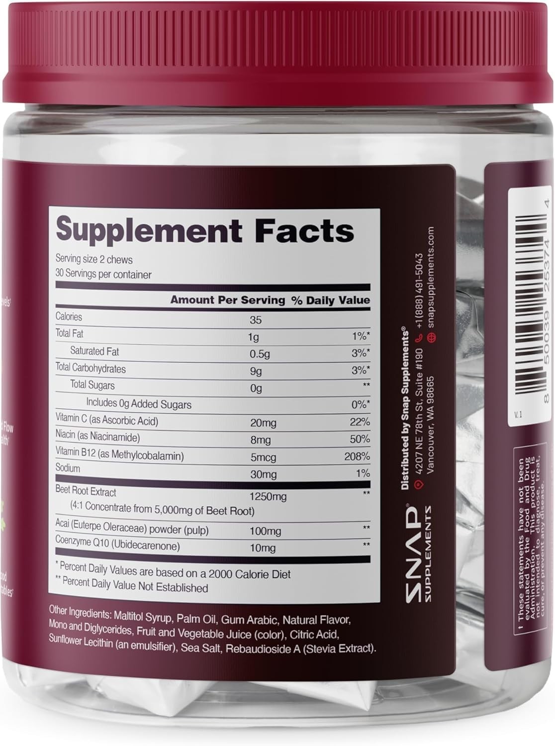 Beet Root Soft Chews for Adults 35+, Sugar Free Heart Health Support, Vegan, 60