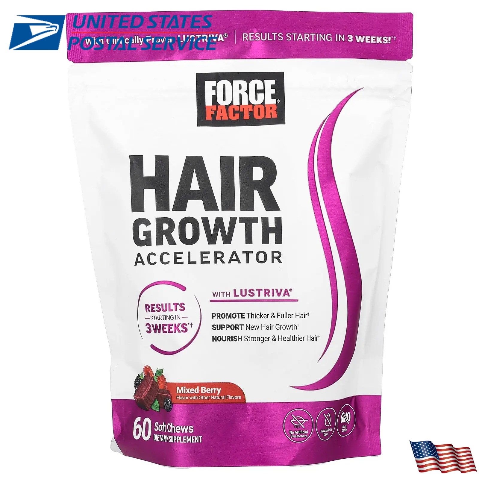 Force Factor Hair Growth Accelerator, Mixed Berry, 60 Soft Chews