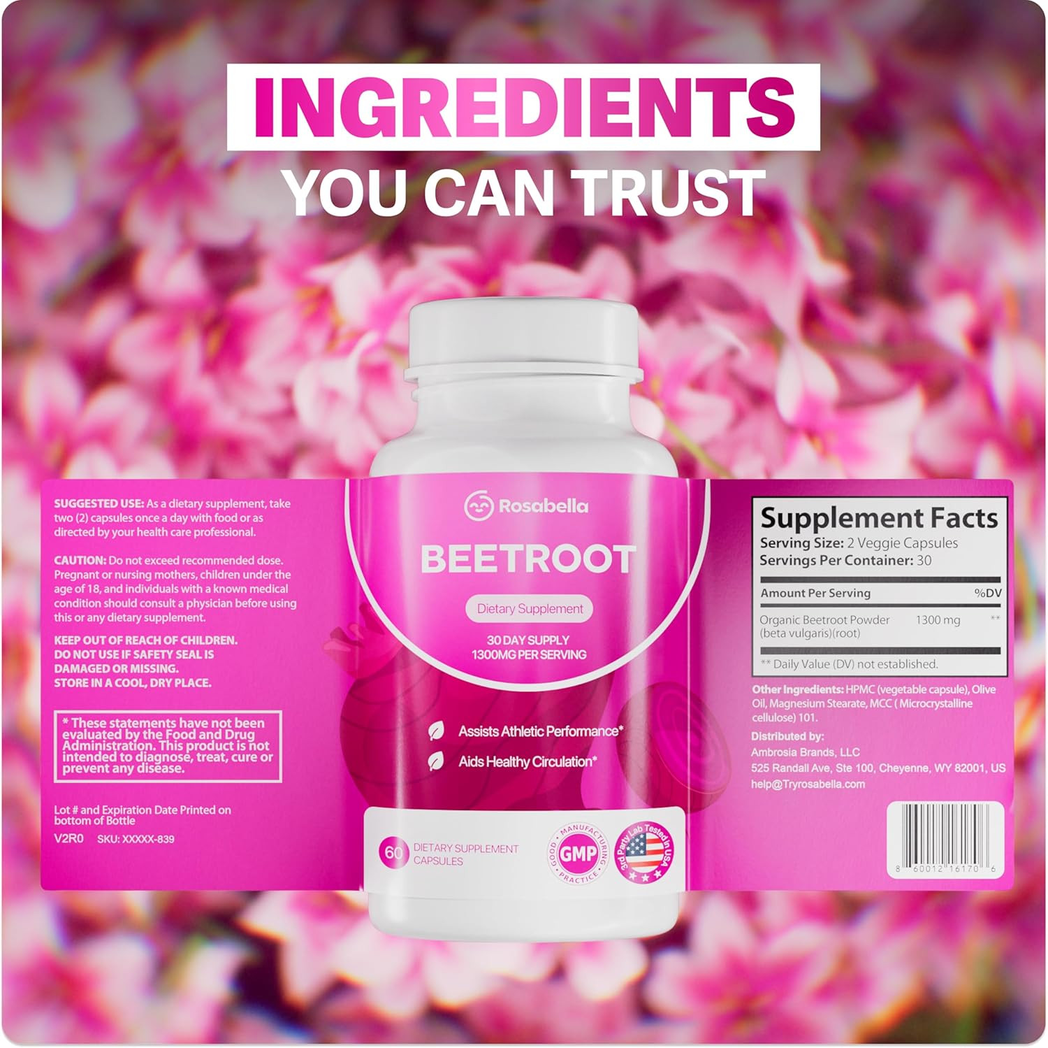Rosabella Organic Beetroot 1300mg – Boosts Nitric Oxide & Heart Health – 60ct