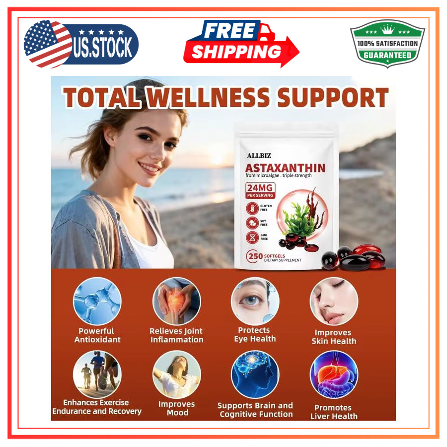 ALLBIZ Astaxanthin 24mg 250 Softgels Antioxidant Eye Skin Brain Liver Support