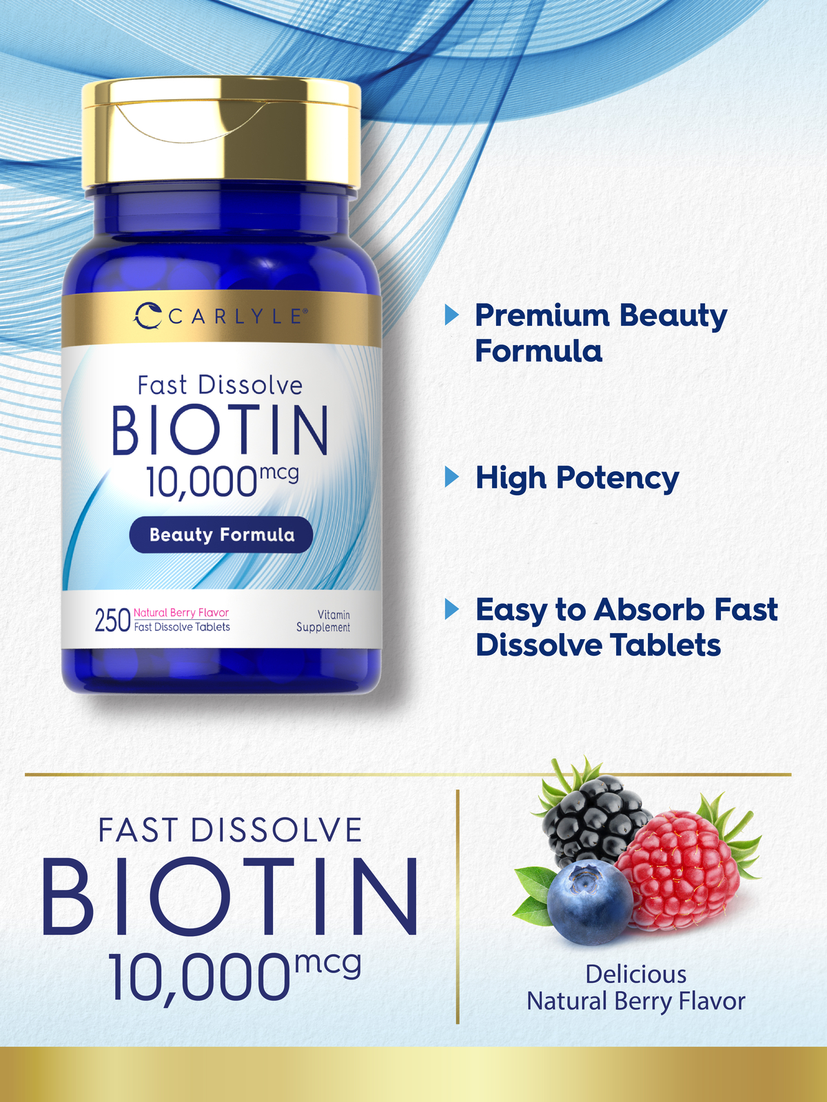 Biotin 10000mcg | 250 Fast Dissolve Tablets | Max Strength | by Carlyle