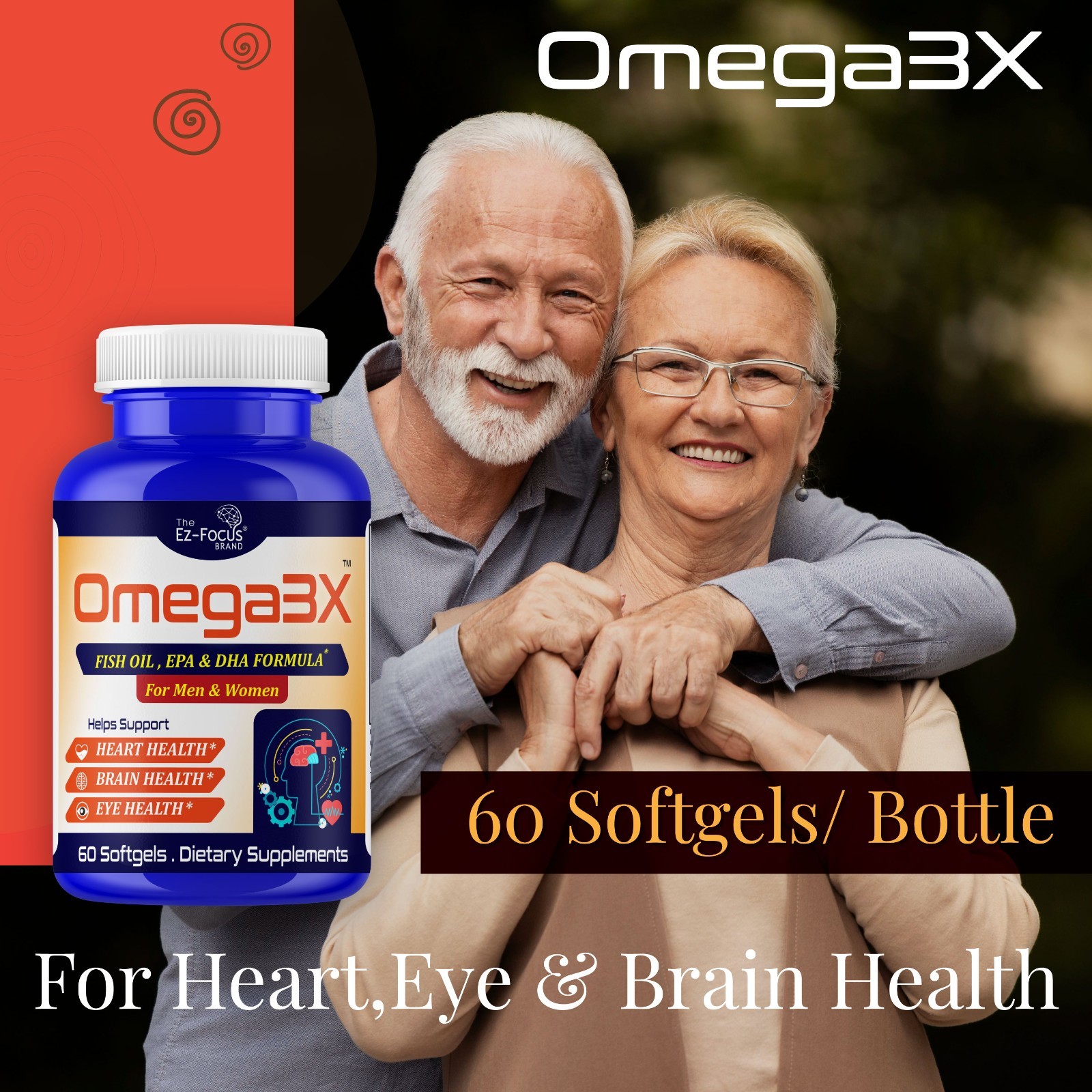 Adult Brain Booster Omega 3 Fish Oil Nootropic Brain Supplement Memory Focus 60