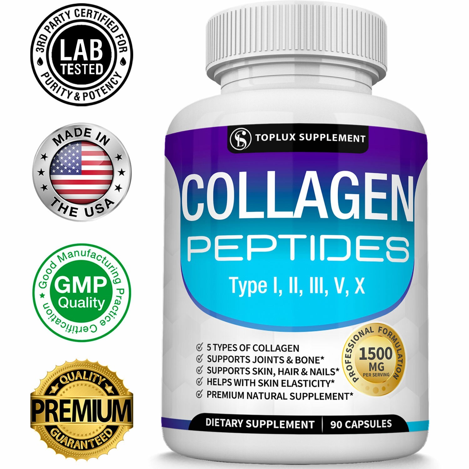 Premium Collagen Peptides 1500 MG Hydrolyzed Anti-Aging (Types I,II,III,V,X)*