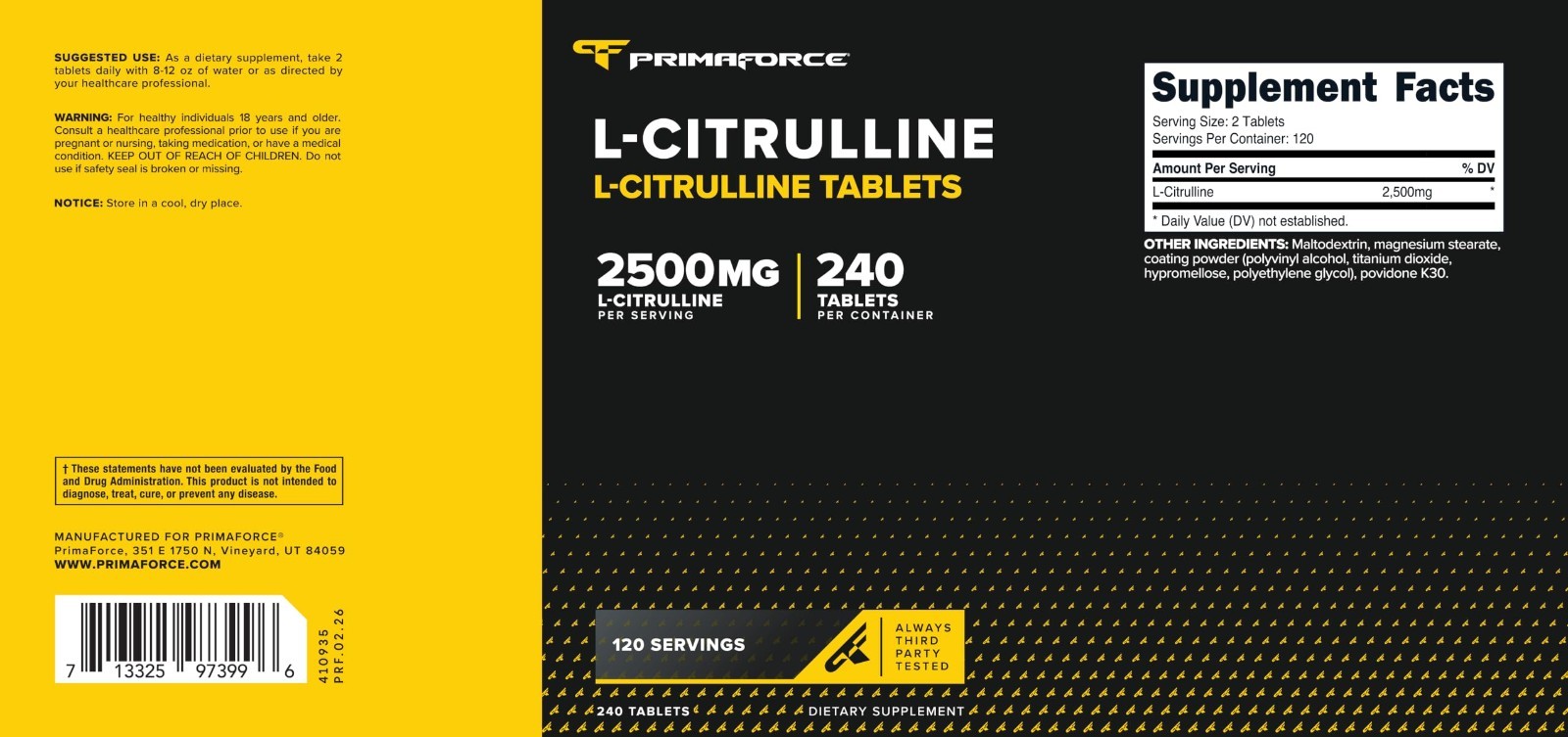 L-Citrulline 2500mg – 240 Tablets, 120 Servings – Boost Energy & Performance