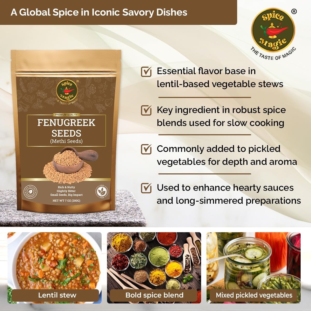 Spice Magic Fenugreek Seeds 7oz (200g) I Whole Methi for 7 Ounces