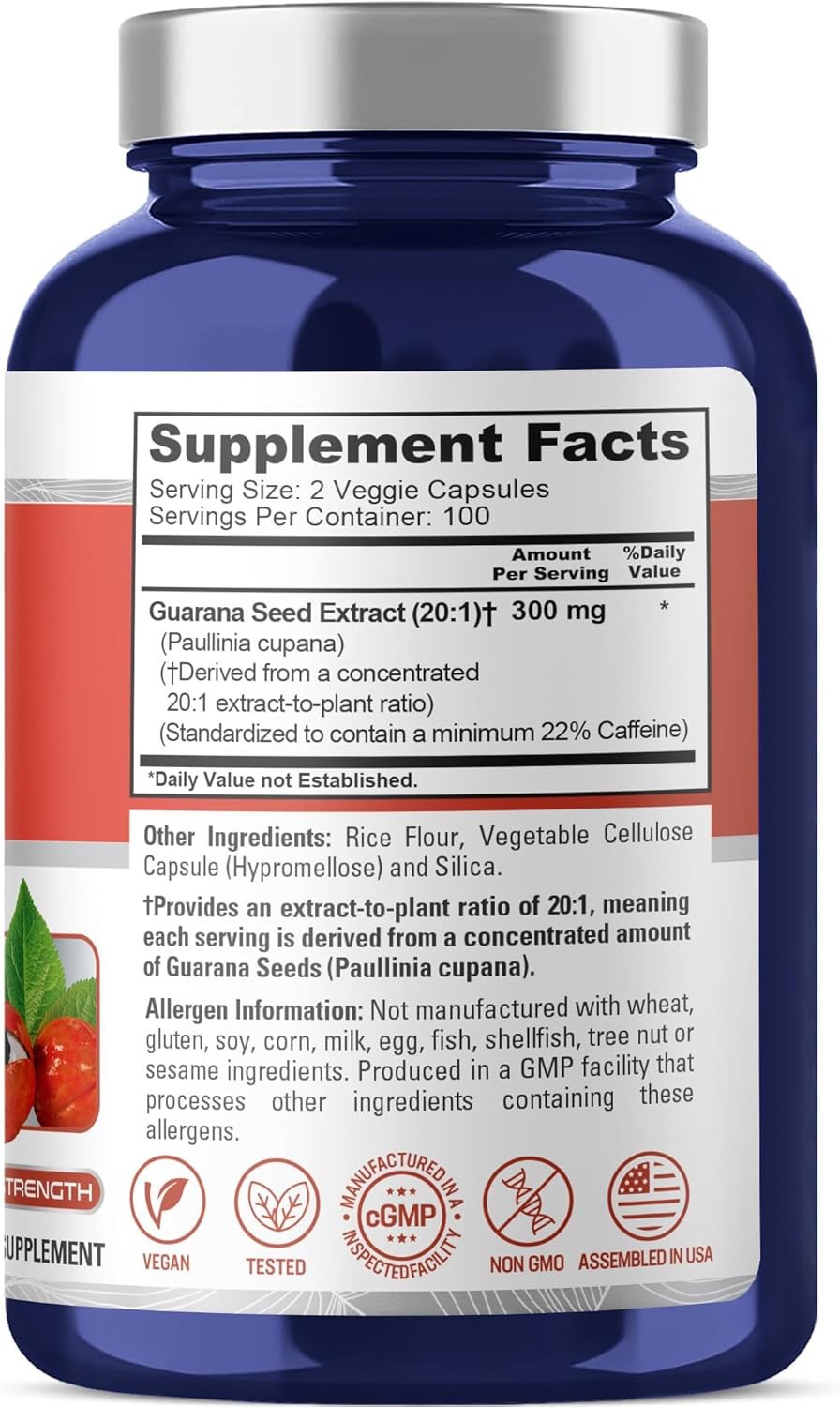 NusaPure Guarana Capsules 300mg 200 Veg Capsules Non-GMO Vegan