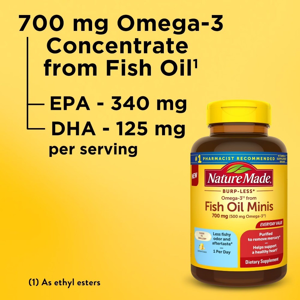 Nature Made Burp Less Omega 3 Fish Oil Supplements 700 mg Softgels, 120 Count