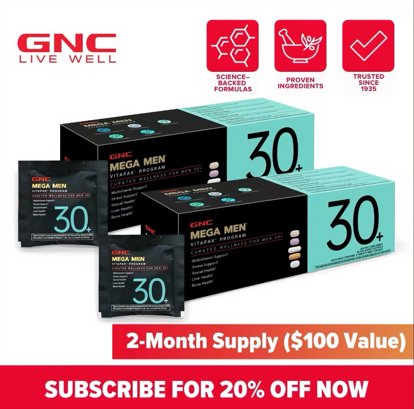 2 pcs GNC Mega Men Vitapak Program 30+ Men’s Multivitamin Health Formula 30 Pack