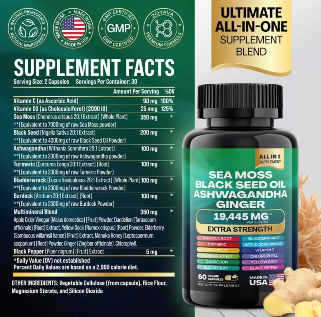 2 Sea Moss, Black Seed Oil, Ashwagandha, Turmeric, Ginger (16 in 1 Multivitamin)