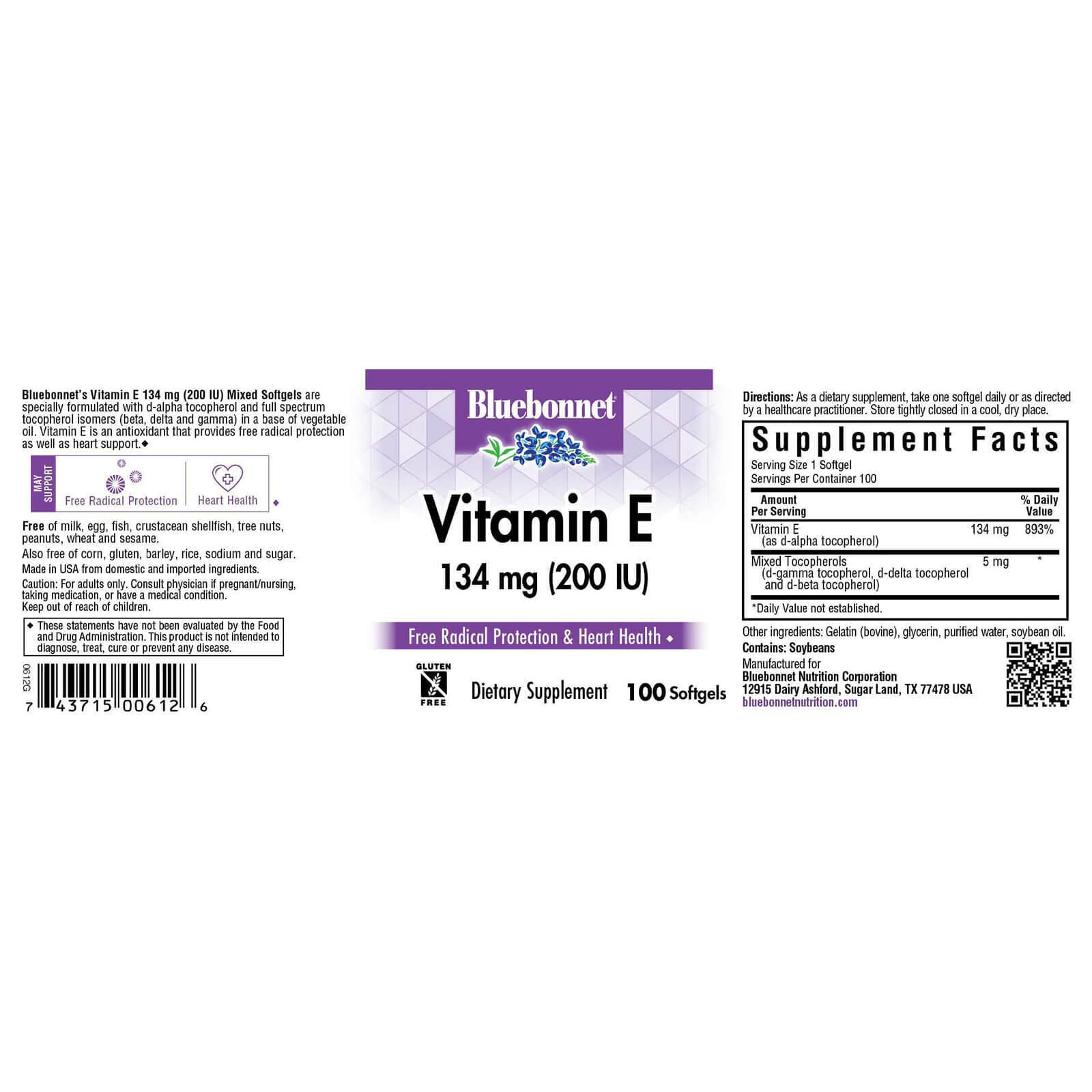 Bluebonnet Vitamin E 134 Mg (200 Iu) Mixed 100 Softgels, Heart Health
