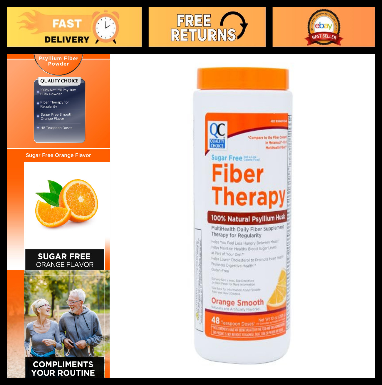 Sugar Free Fiber Powder – Naturally Derived Vegetable Formula, 48 Doses, Orange