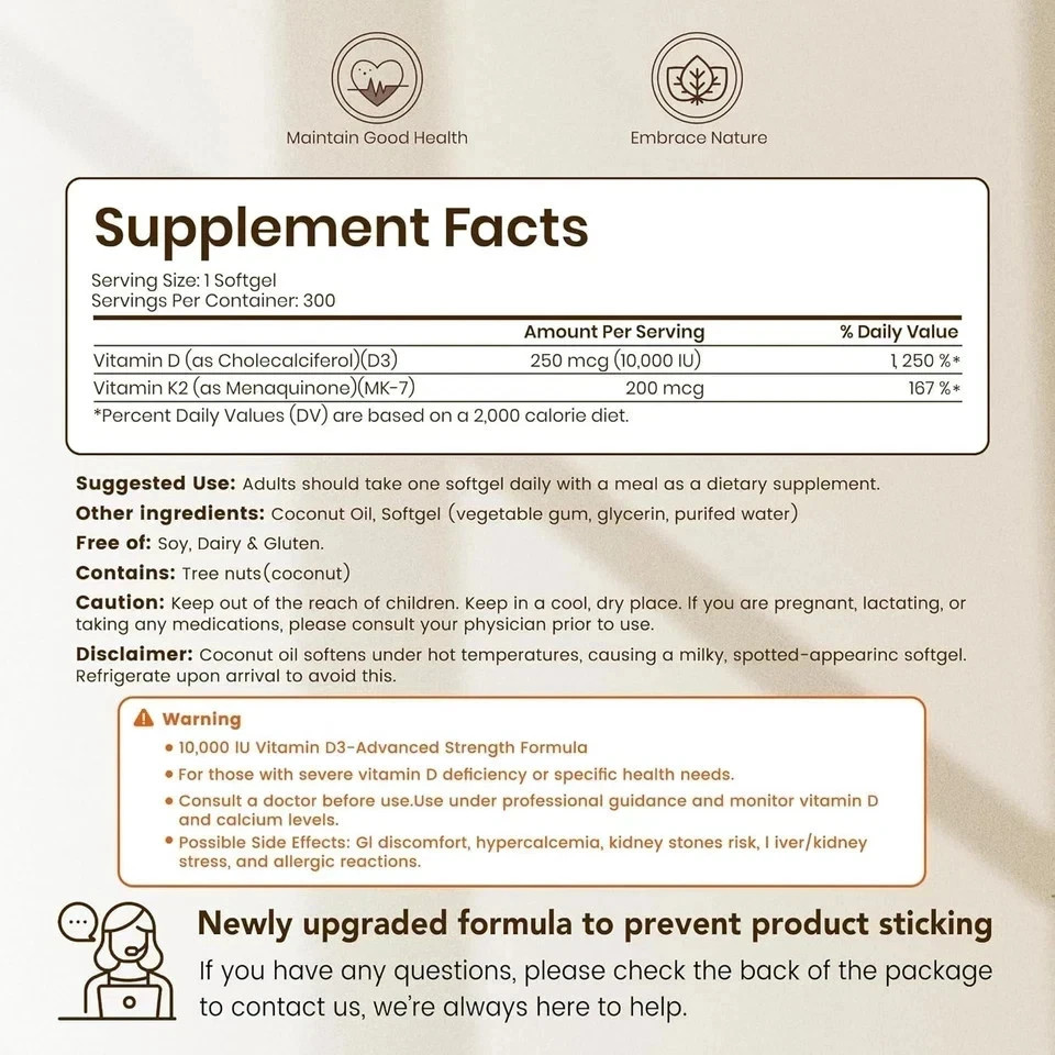 VEV Vitamin D3 Con K2 10000 IU, 300 Virgin Coconut Oil Softgels, 2 in 1 Vitamins