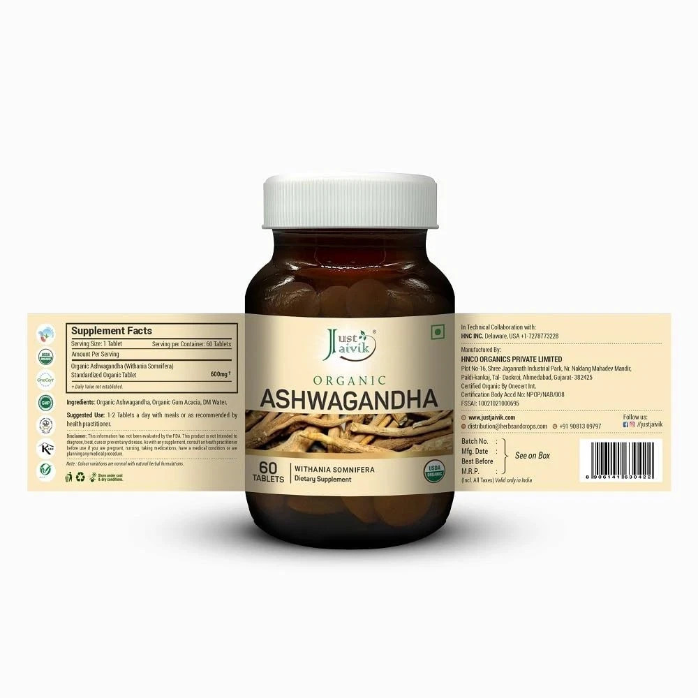 Just Jaivik Organic Ashwagandha Tablets 600mg 60 Tablets