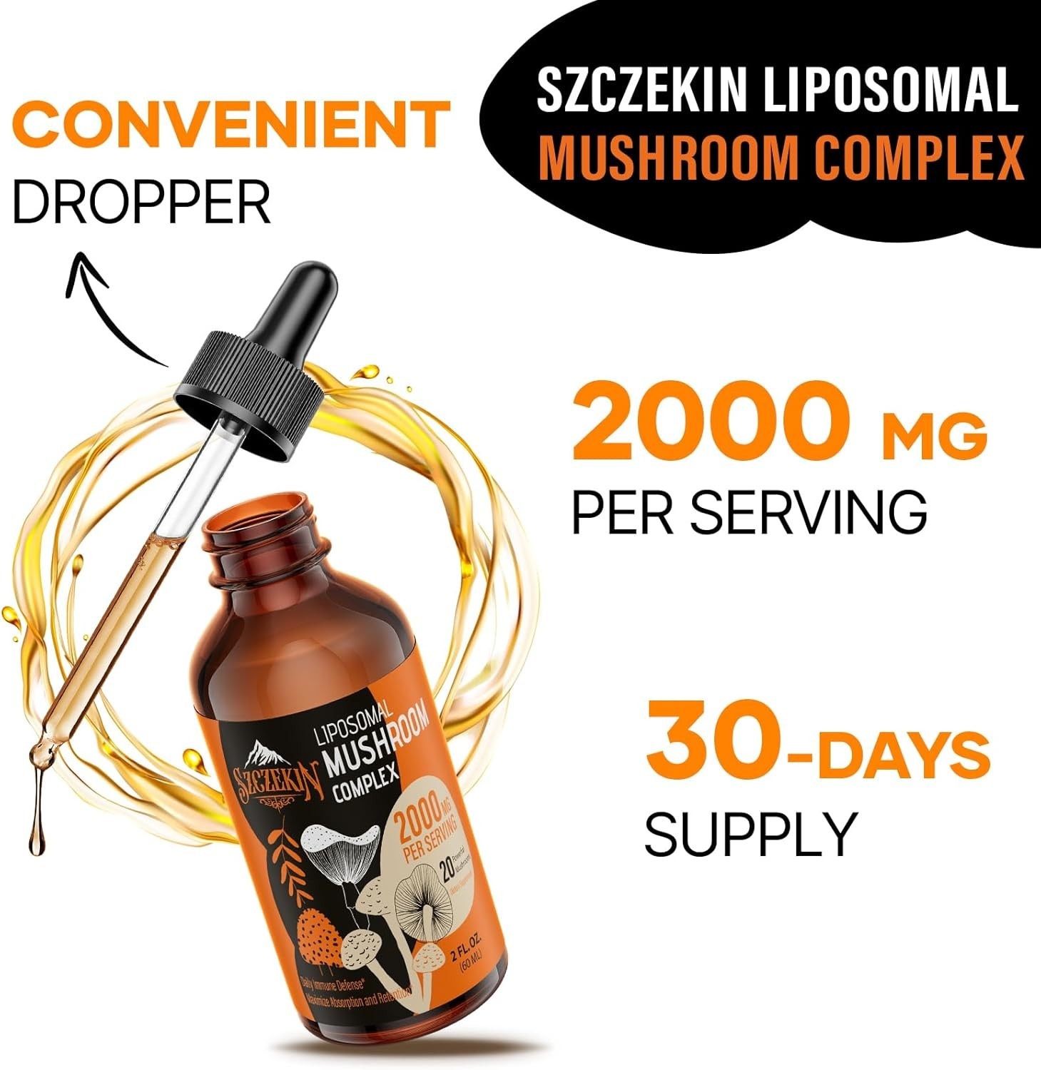 2000 MG Liposomal Mushroom Drops – 20 Organic Extracts for Immunity & Focus