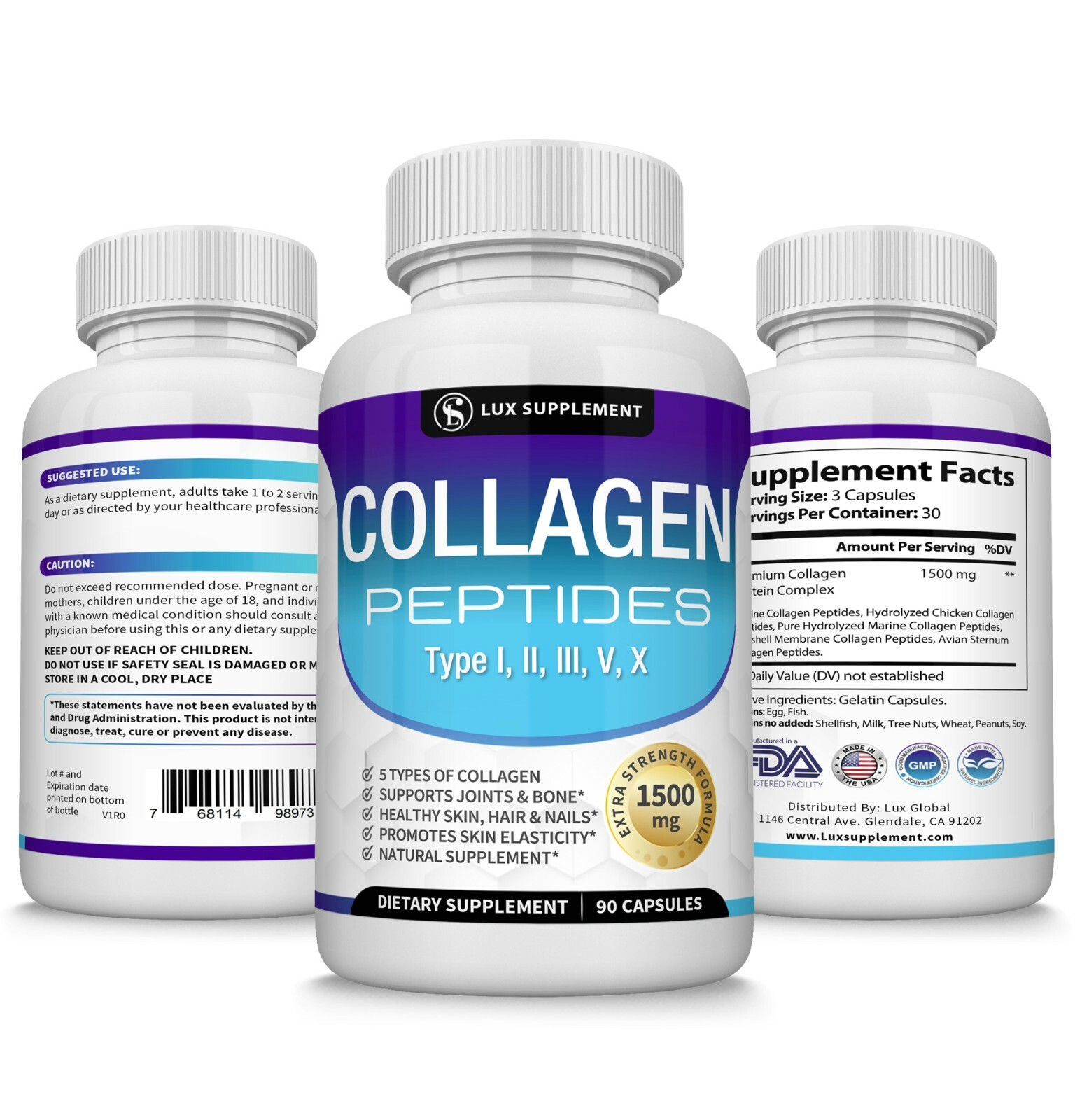 Premium Collagen Peptides 1500 MG Hydrolyzed Anti-Aging (Types I,II,III,V,X)