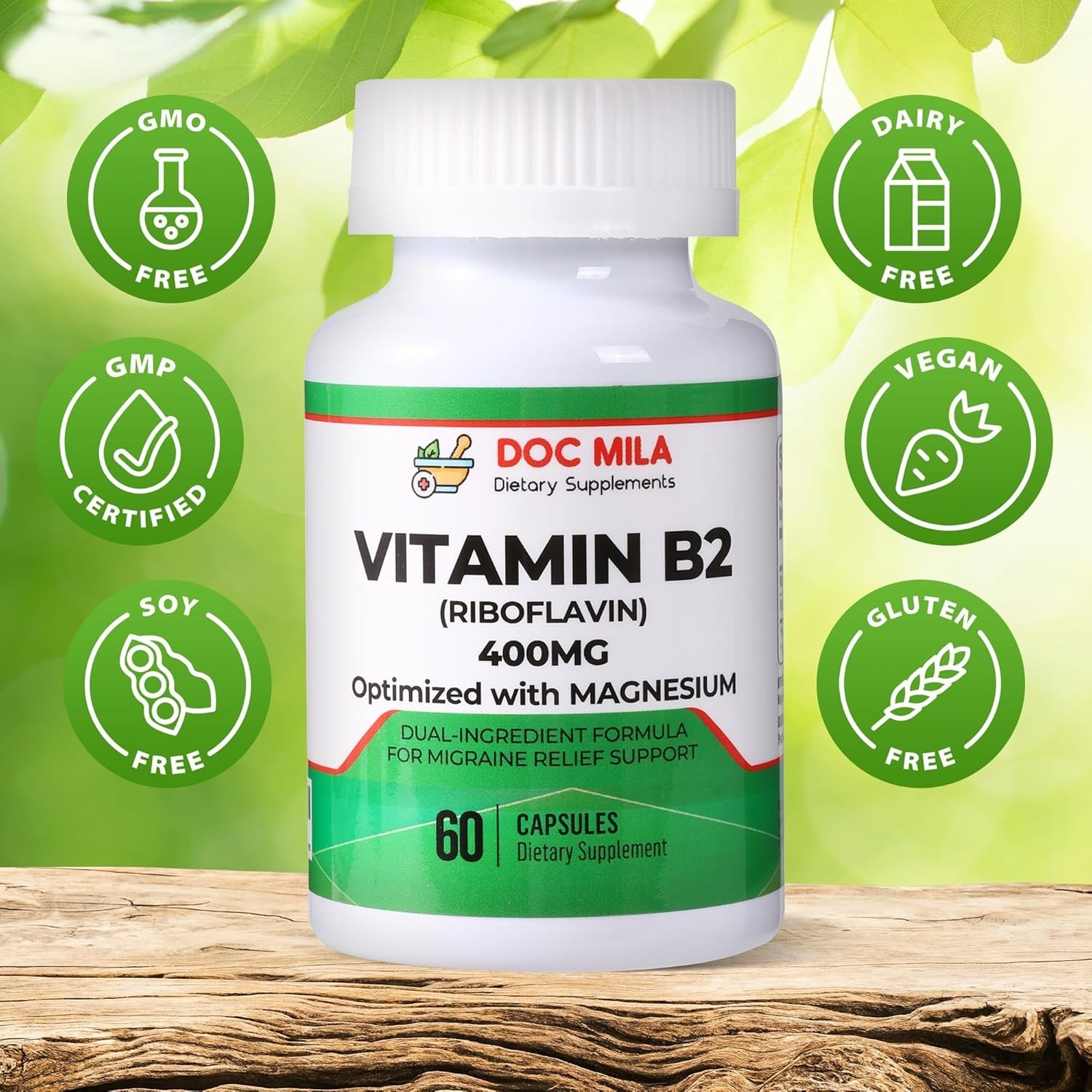 Doc Mila Vitamin B2 Riboflavin 400mg Migraine Support Vegan 60 Capsules Pills