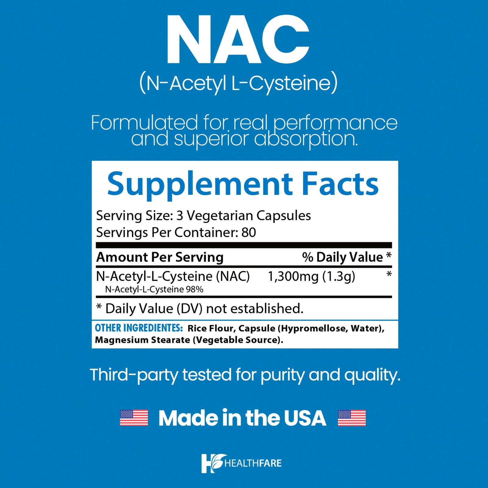Healthfare N-Acetyl L-Cysteine (NAC) 1300mg | 240 Capsules Max Strength Veg Caps