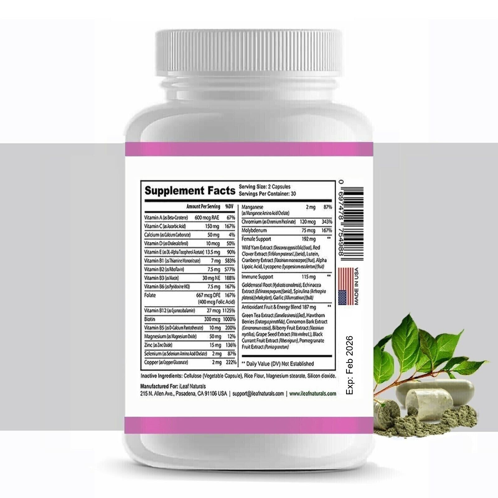 iLeafNaturals Women’s Multivitamin, Minerals, Antioxidants, Herbs 500 MG