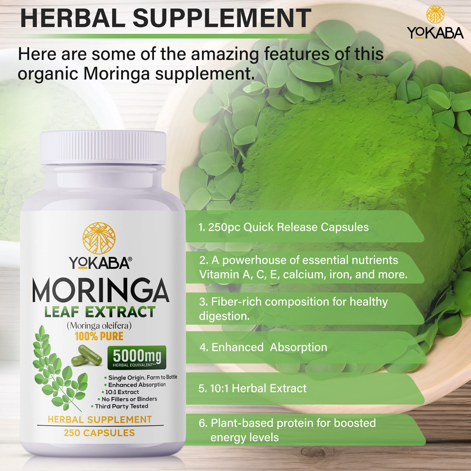 500 Capsules Moringa Oleifera Leaf Powder 5000mg – Organic Herbal Extract YOKABA