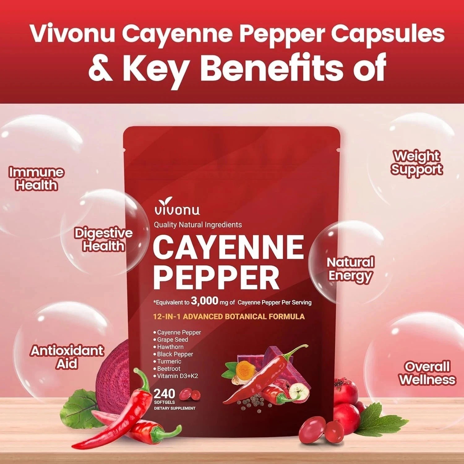 VivoNu Cayenne Pepper Softgels Supplement – 240 Capsules NEW FREE SHIP