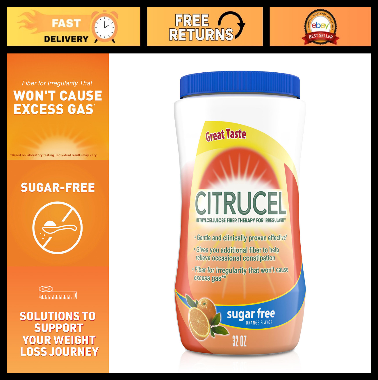 Sugar Free Fiber Powder for Constipation Relief, Methylcellulose, Orange Flavor