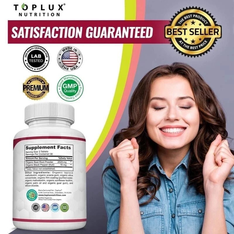 Toplux Organic Beet Root Tablet 2040mg Nitric Oxide Boosting Beetroot Supplement