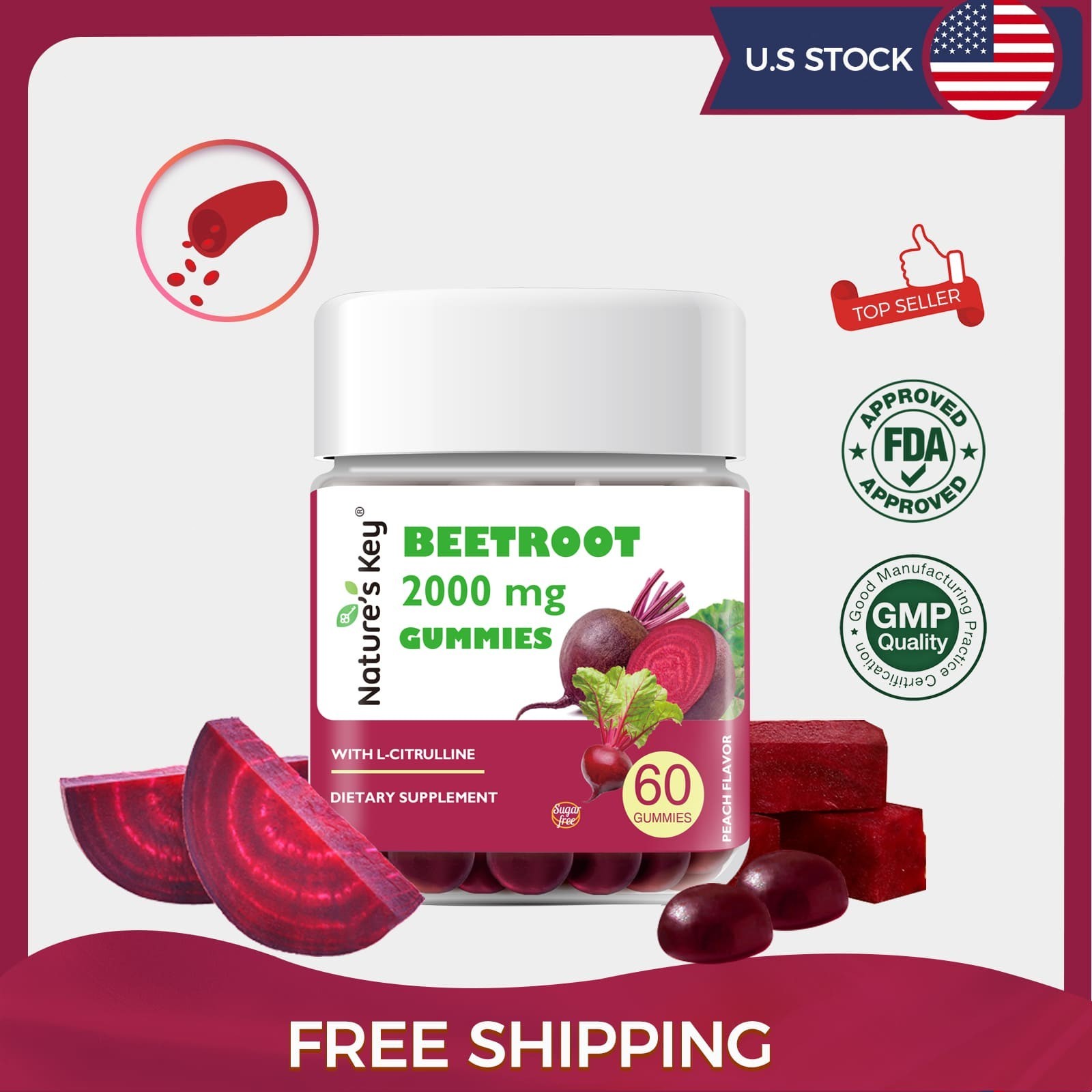 Nature’s Key Sugar Free Beet root Gummies–60 Gummies for Blood Flow & Heart