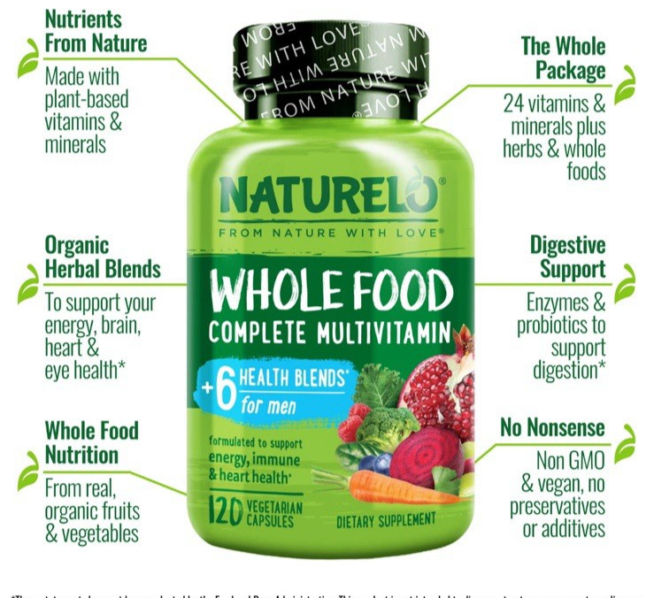 NATURELO Whole Food Multivitamin for Men – 120 Vegetarian Capsules