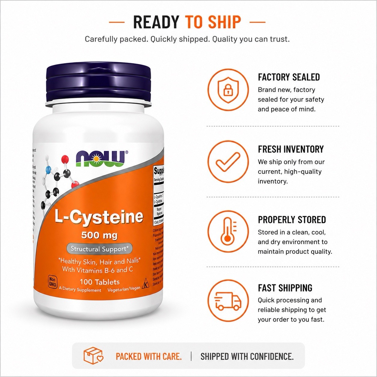 NOW L-Cysteine 500mg 100 Tablets Hair Skin Nails Antioxidant Detox Support