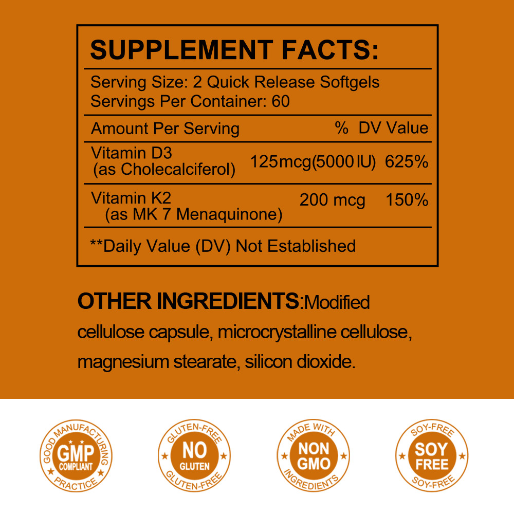 Vitamin D3 5000IU and K2 MK-7 200mcg – 120 Capsules – Immune Support Wellness