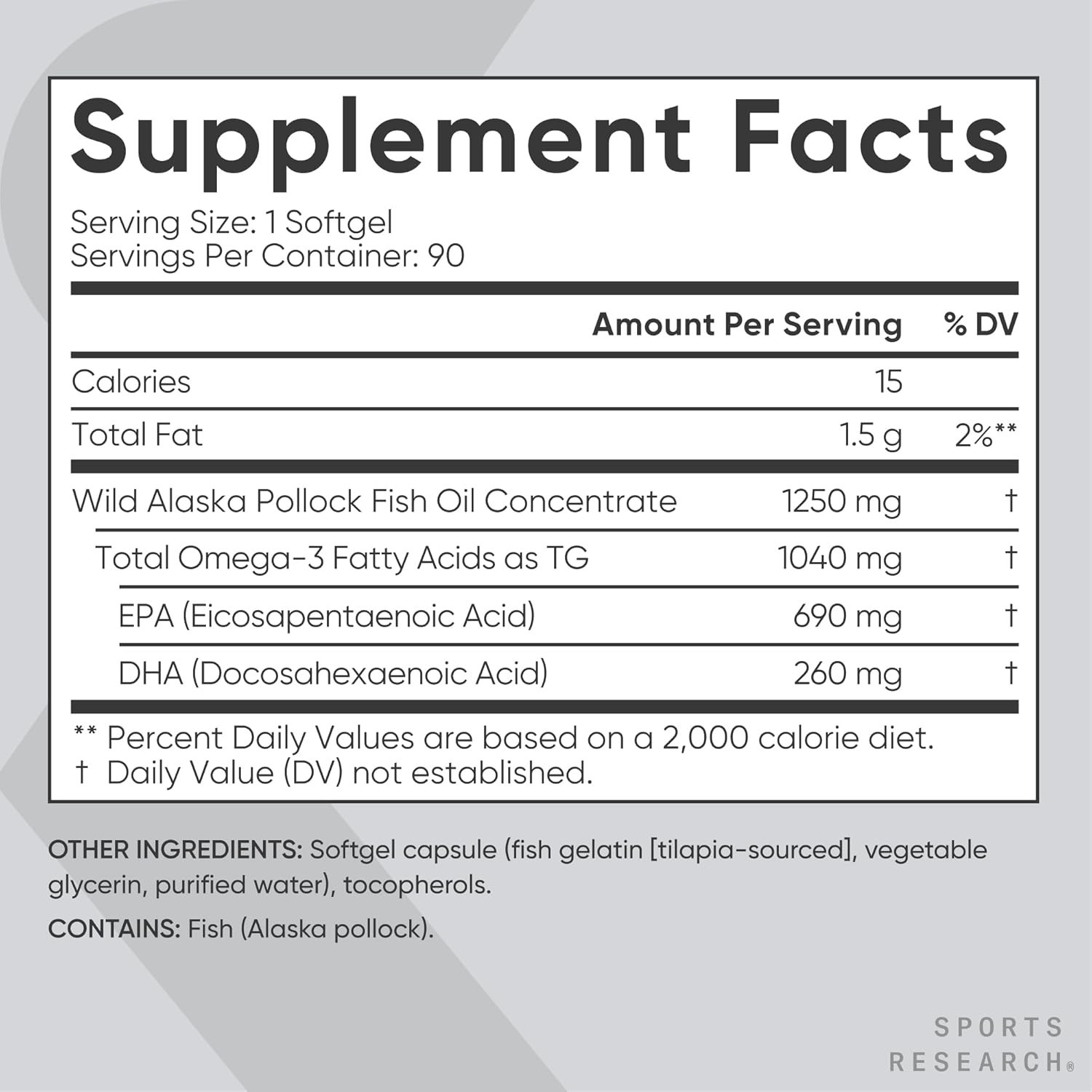 Triple Strength Omega 3 Fish Oil 1250mg Wild Alaska Pollock Burpless 90 Softgels