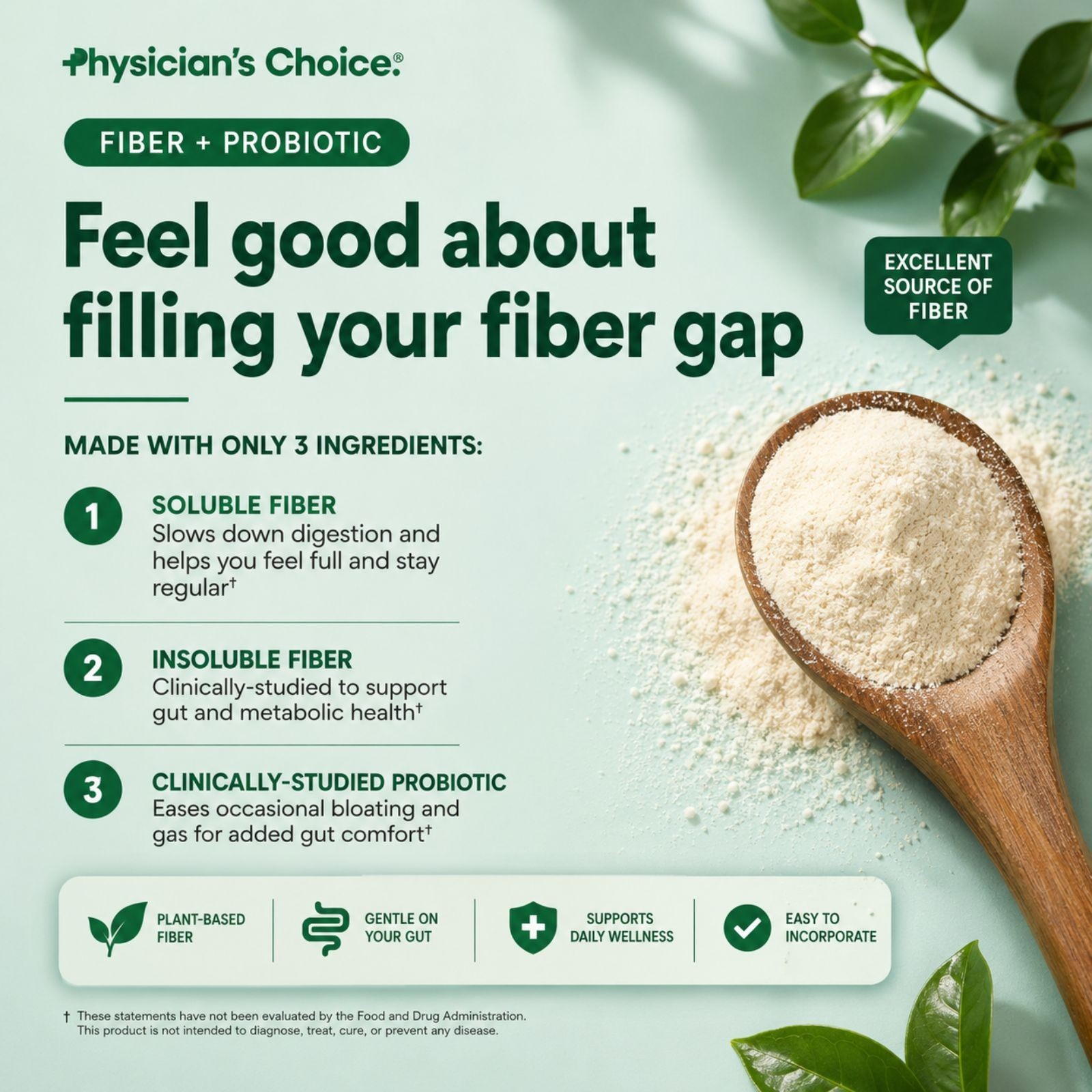 Physician’s CHOICE Easy Mix Prebiotic Fiber Powder, Unflavored, 6g Fiber