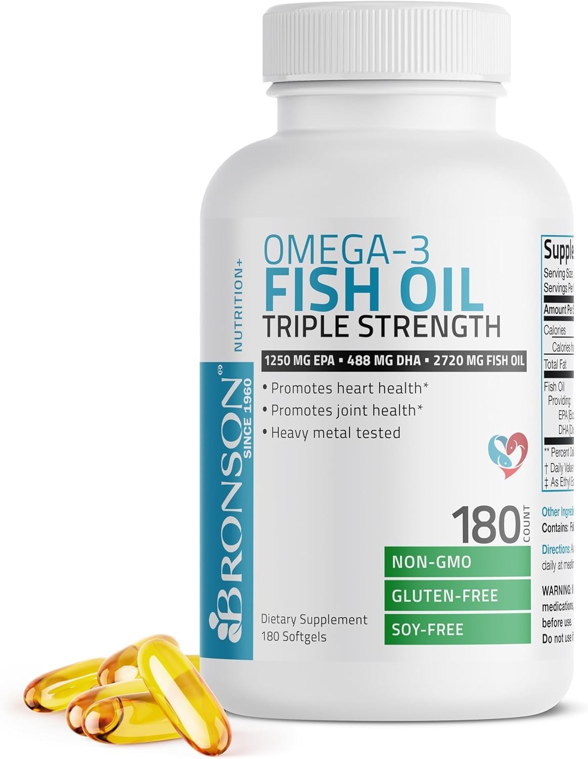Omega 3 Fish Oil Triple Strength 2720 mg, High EPA 1250 mg DHA 488 mg, Non-GM…