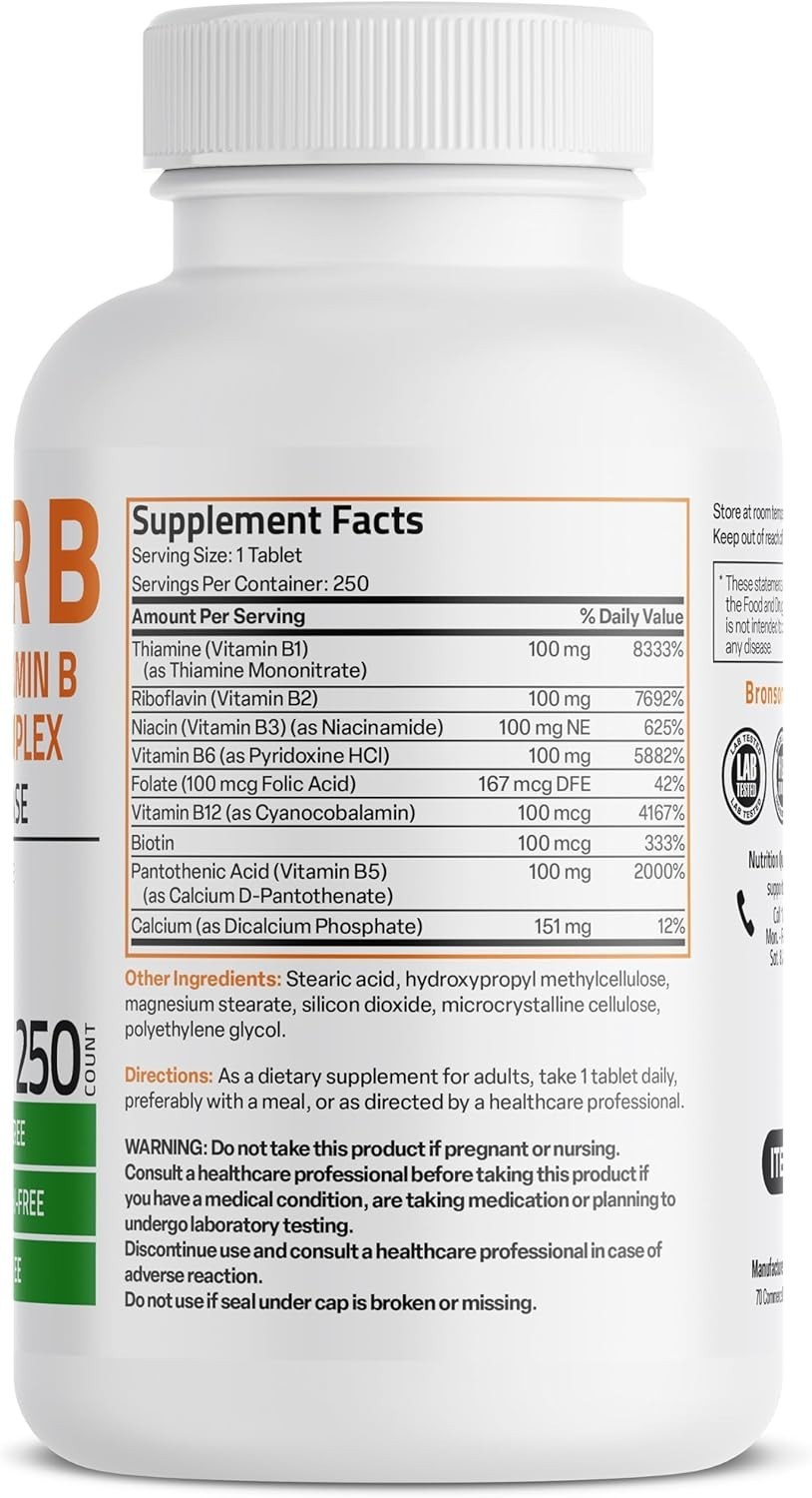 Bronson Super B 100 Vitamin B Complex Sustained Release 250 Count (Pack of 1)